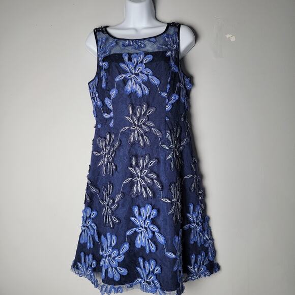 Adrianna Papell Embroidered Mesh Sheath Dress Navy Blue Size 8 Cocktail Holiday - Picture 1 of 12